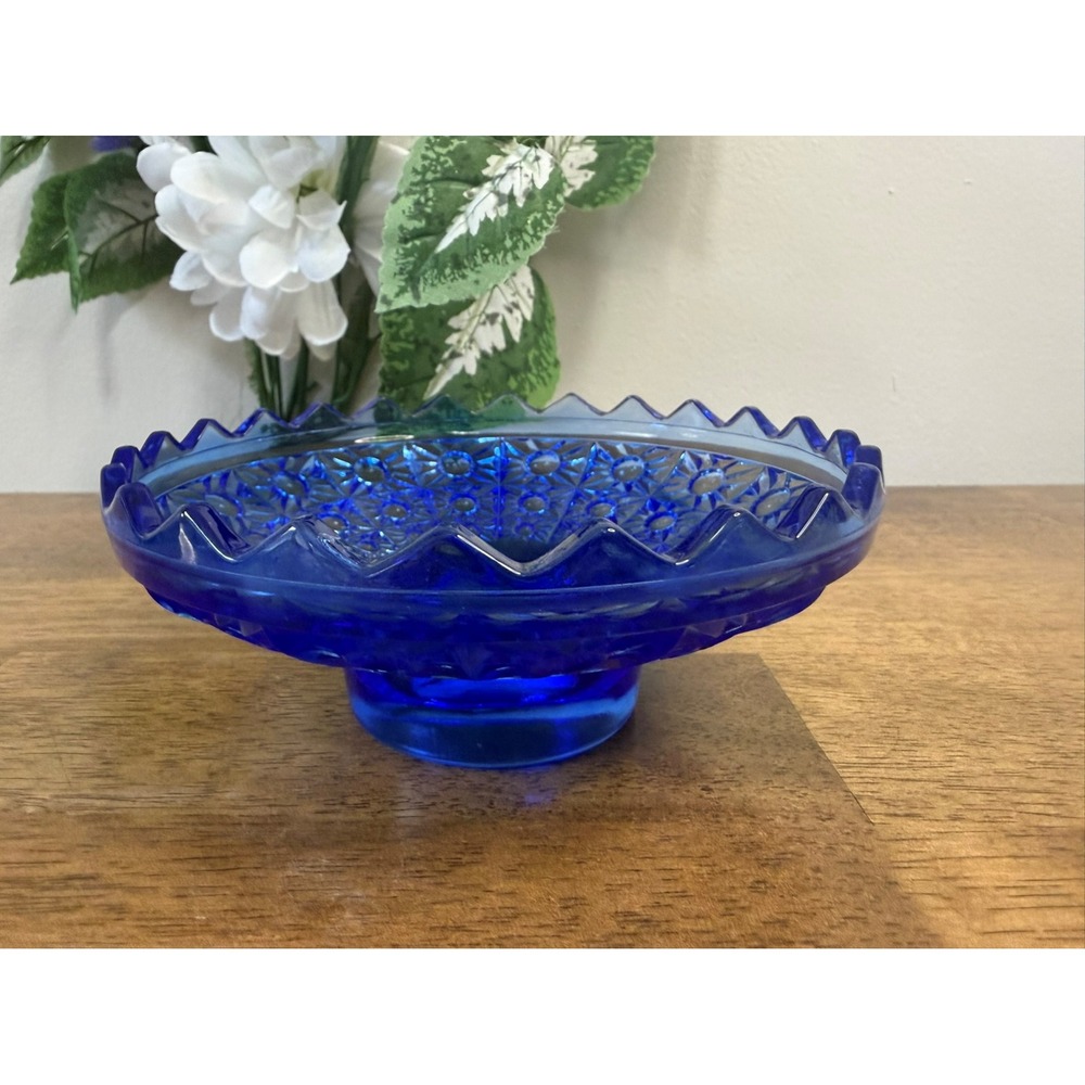 Vintage Indiana Glass Cobalt Blue Wexford Pedestal Bowl Starburst Compote‎